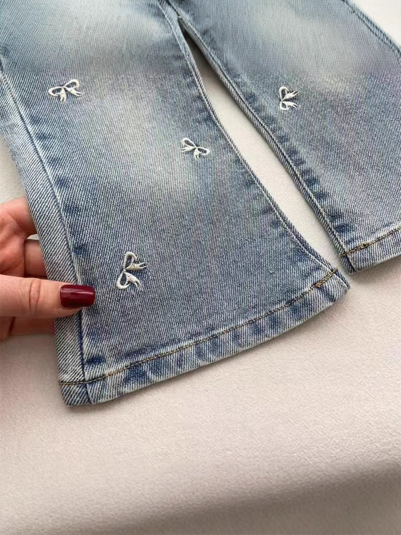 Jeans Bambina con Ricami Fiocchetto