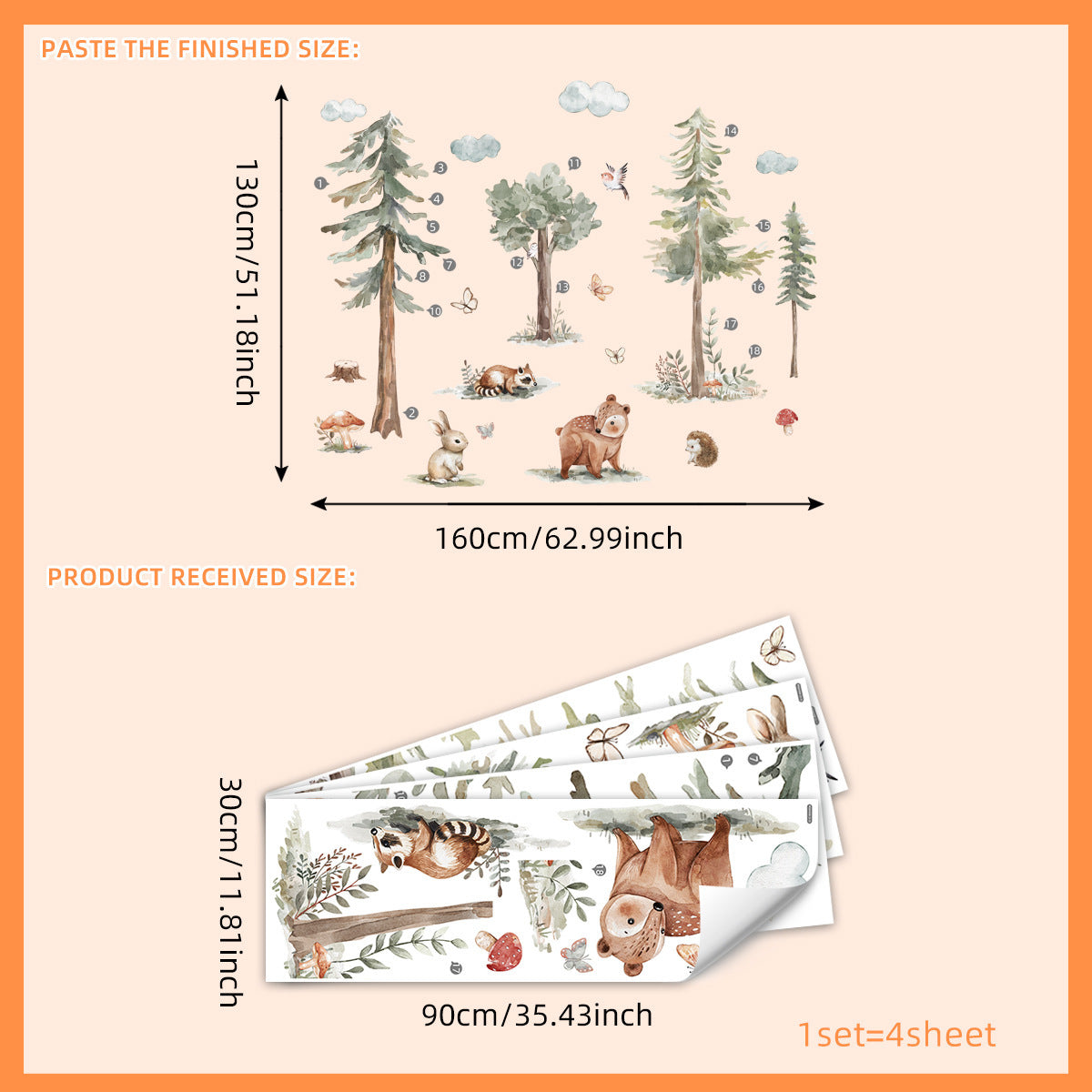 Adesivi Murali Bosco con Animali – Alberi, Orsetto, Coniglio e Farfalle – Decorazioni Cameretta Bambini