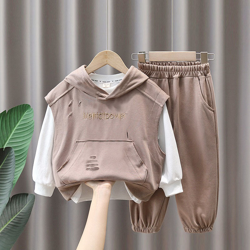 Completo bambino con felpa smanicata con cappuccio e pantaloni – 2 varianti