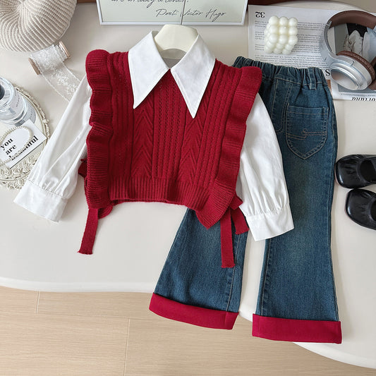 Set Bambina Camicia Bianca con Gilet Maglia e Jeans – 3 Pezzi