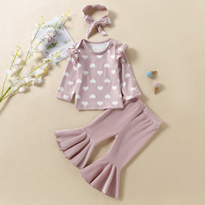 Completo Bambina 3 Pezzi  Maglietta Cuori, Pantaloni con Volant e Fascia Coordinata