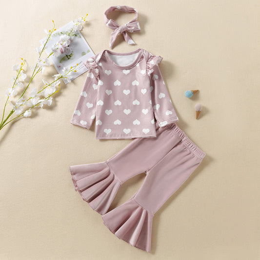 Completo Bambina 3 Pezzi  Maglietta Cuori, Pantaloni con Volant e Fascia Coordinata