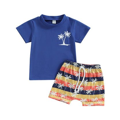 Completo Estivo per Bambini – Maglietta Blu con Palme e Pantaloncini Colorati