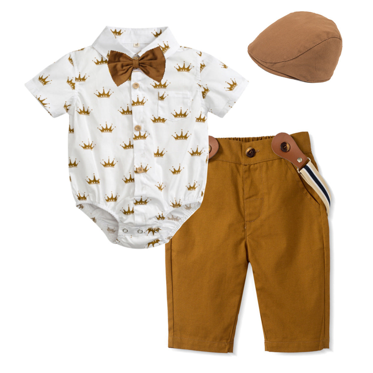 Completo Elegante Neonato 3 Pezzi  Body Camicia, Pantaloni con Bretelle e Cappellino