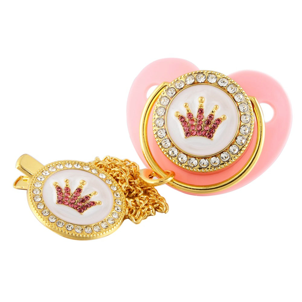 Set Ciuccio e Catenella con Corona Luxury Rosa in Cristalli