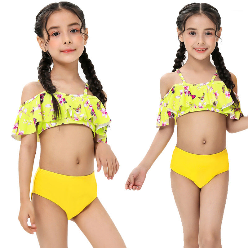 Costume due pezzi bambina - Top giallo limone con farfalle e slip tinta unita