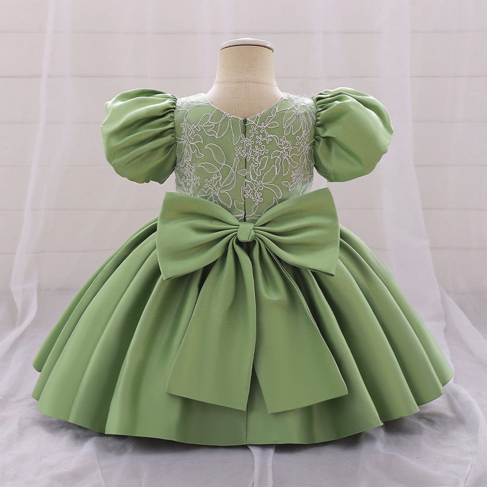 Abito Elegante Verde per Bambina con Maniche a Palloncino e Ricami