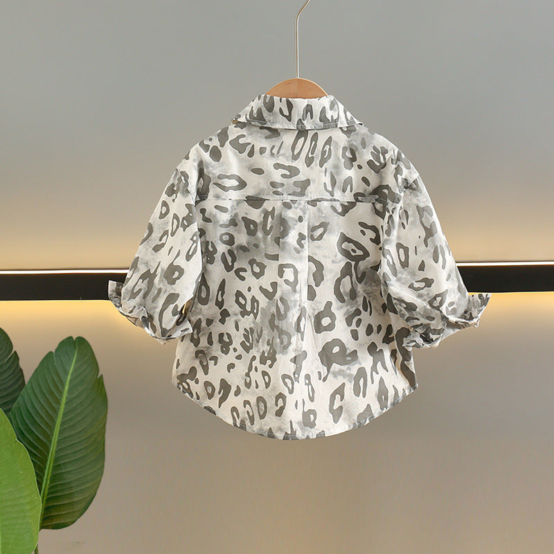 Camicia Bambino a Maniche Lunghe con Stampa Animalier Grigia