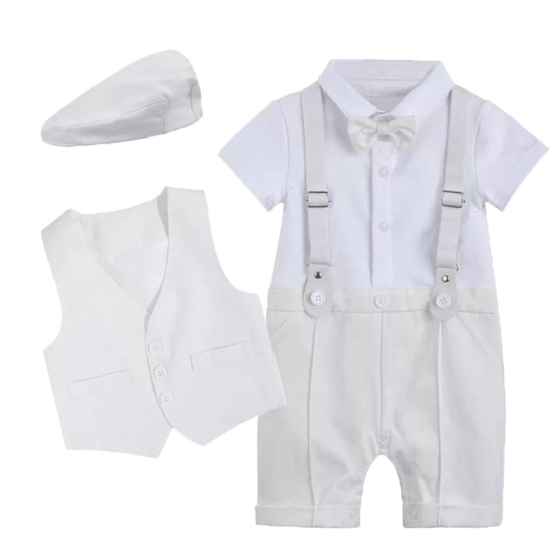 Completo elegante bianco per neonato   camicia , pantaloncini , gilet e papillon