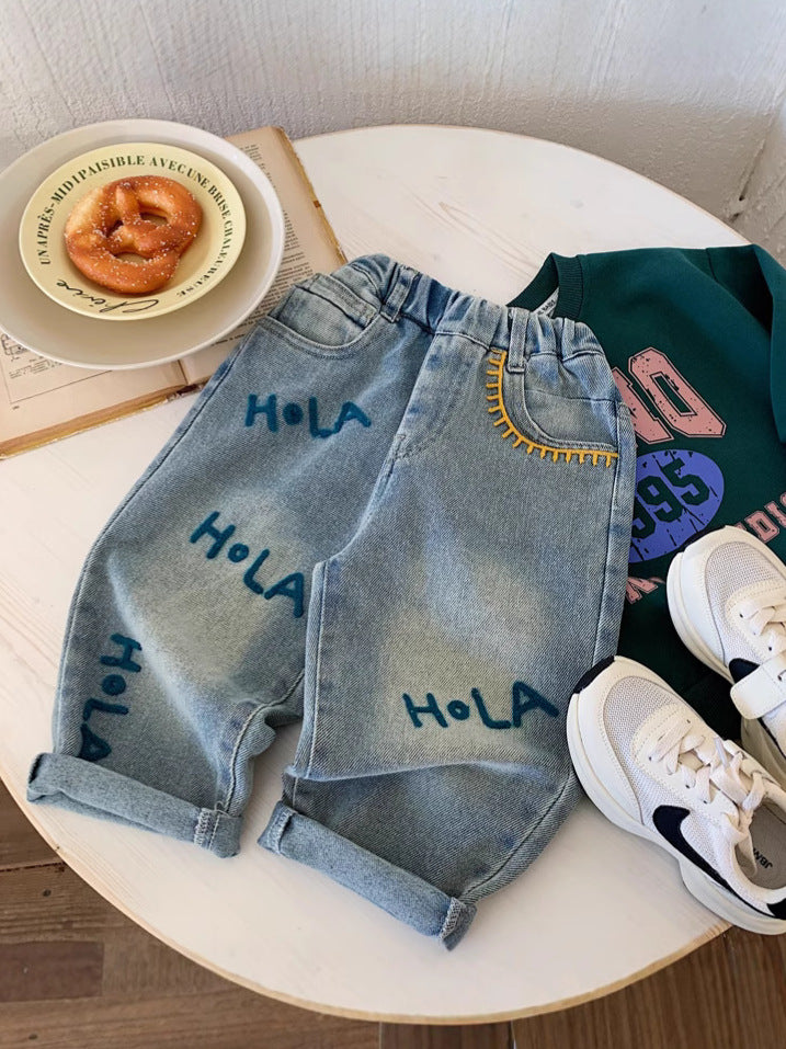 Pantaloni in Denim per Bambini con Stampa "HOLA" - Look Casual e Divertente