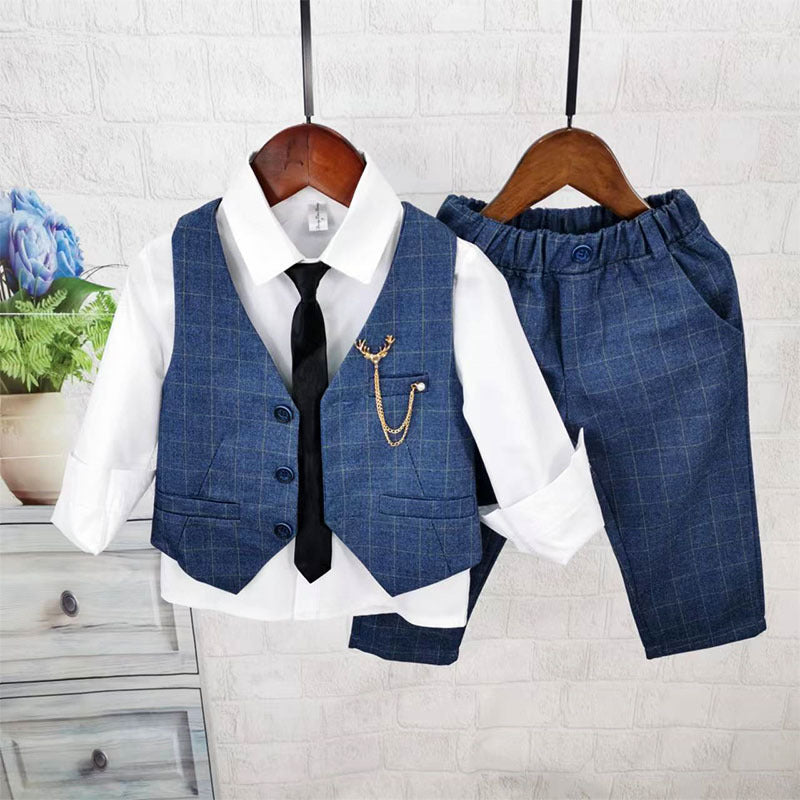 Completo Bimbo 3 Pezzi Elegante – Gilet e Pantaloni Check Blu con Cravatta