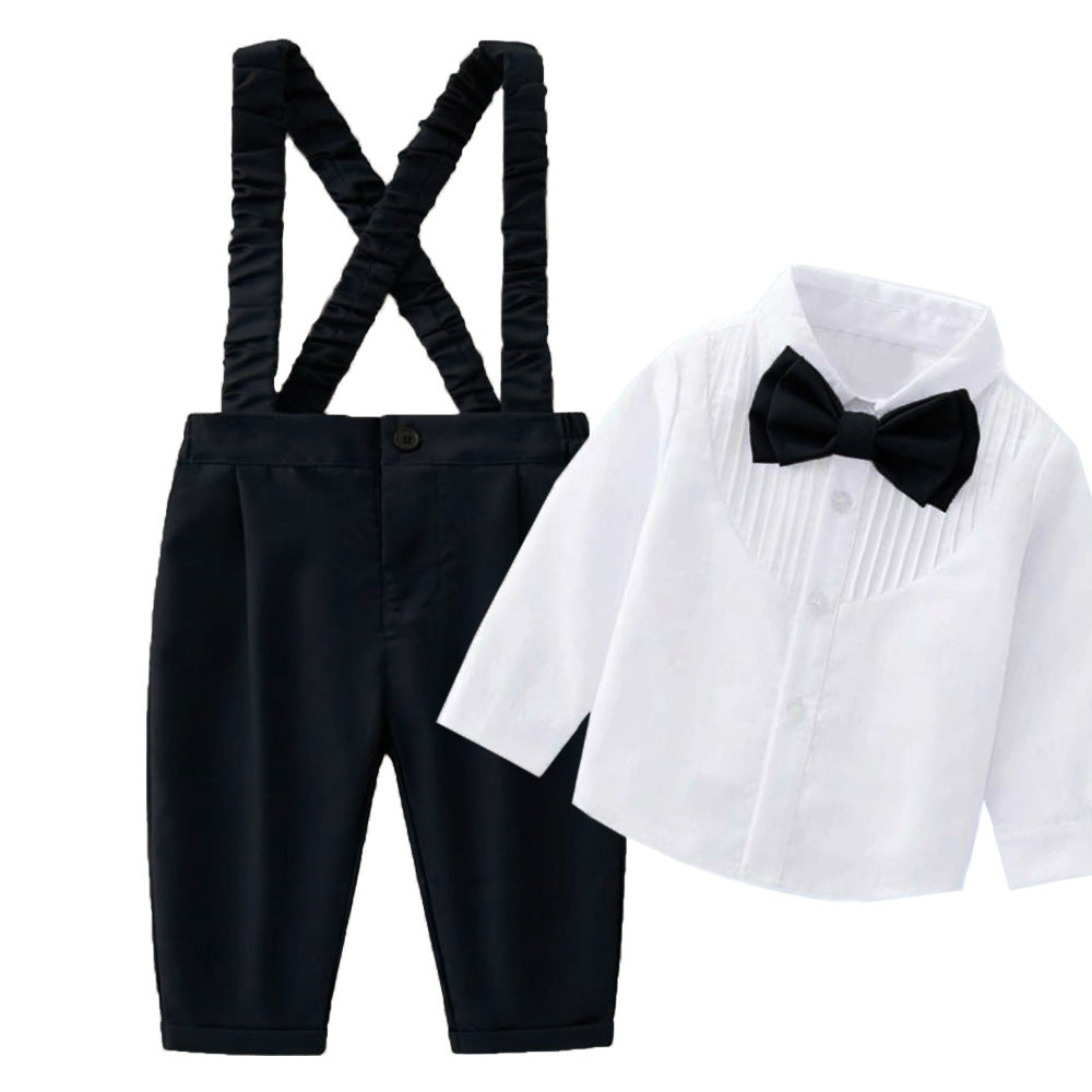 Completo Elegante Neonato  Camicia Bianca, Pantaloni Blu con Bretelle e Papillon