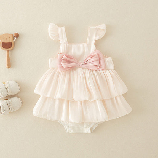 Vestito Elegante Neonata con Volant e Maxi Fiocco – Rosa Cipria