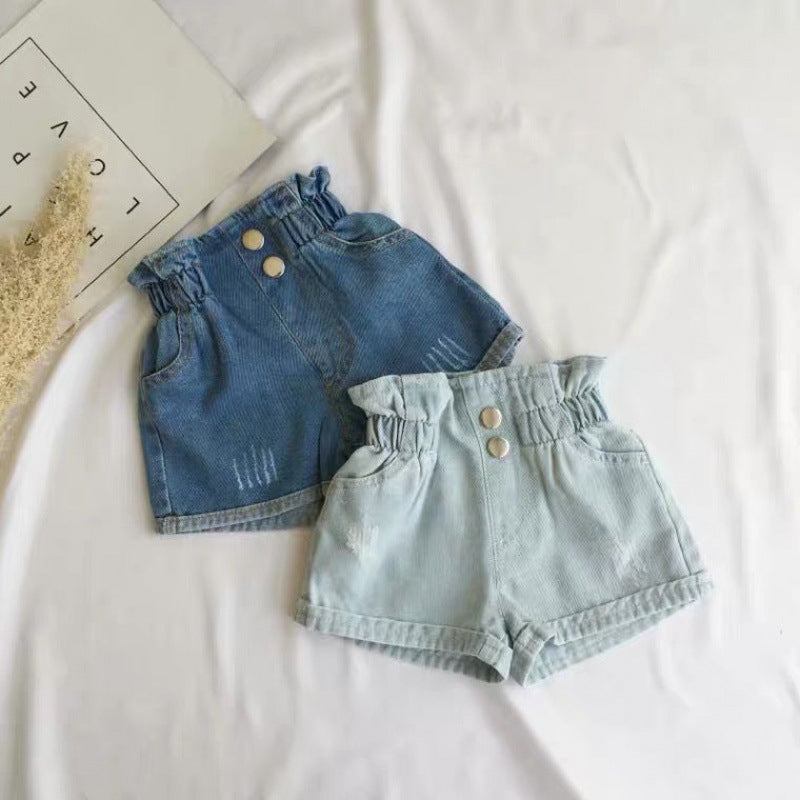 Shorts Bambina in Jeans con Vita Arricciata