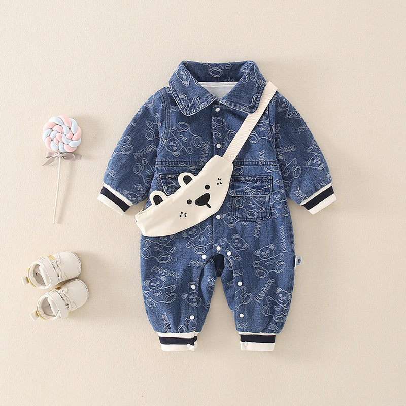 Tutina Jeans Bambino con Stampa Orsetti e Borsetta