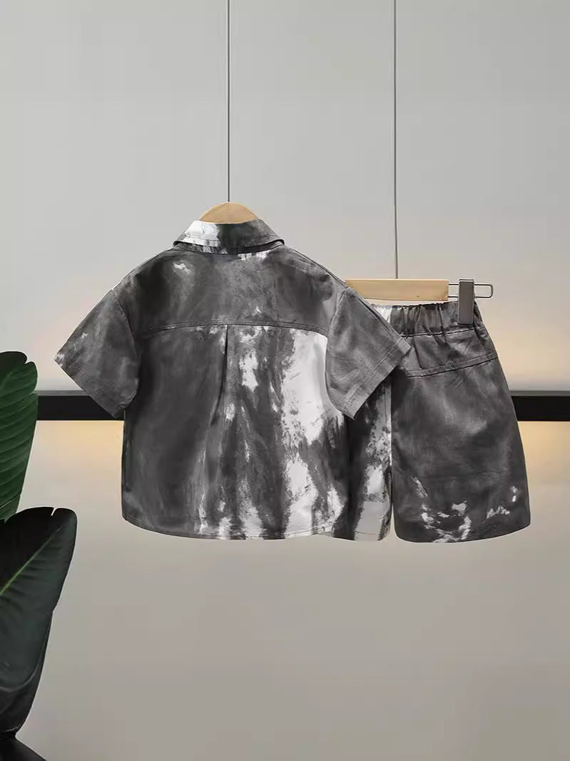 Completo estivo bambino tie-dye grigio con camicia e pantaloncini