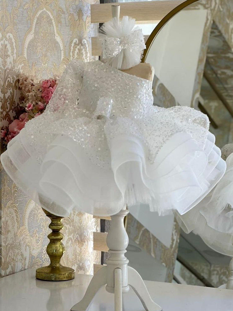 Abito da Cerimonia Bambina Monospalla  con Paillettes, Balze in Tulle