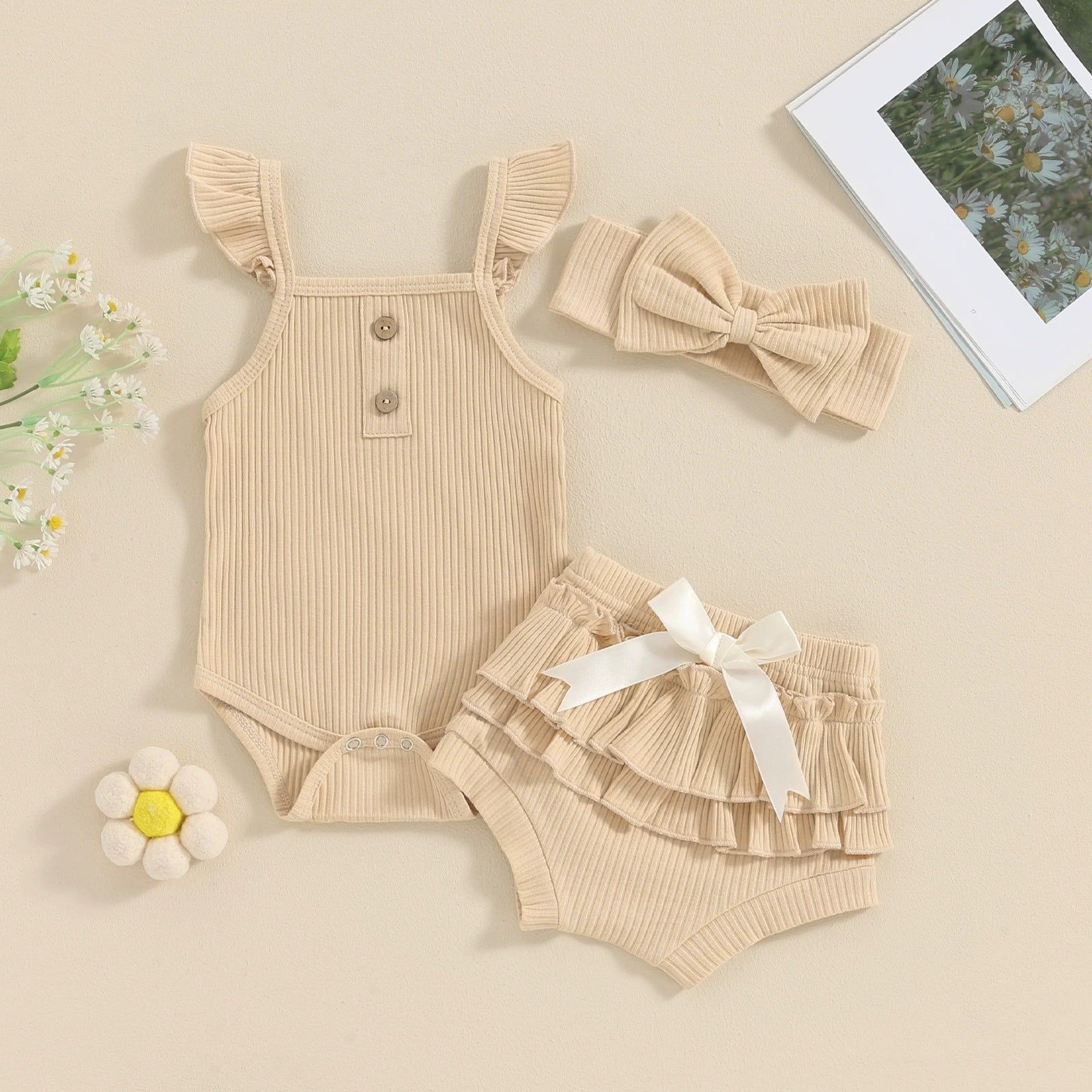 Completo Estivo Neonata/ Bimba  3 Pezzi con Body, Pantaloncini e Fascia