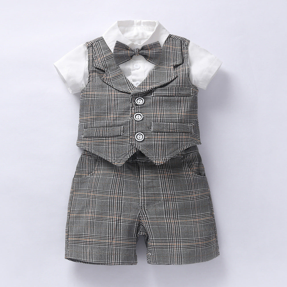 Completo Neonato 4 Pezzi  Body Camicia con Gilet, Pantaloncini e Coppola a Quadri
