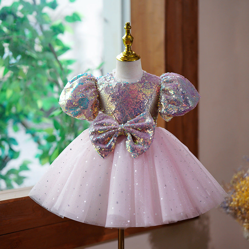 Abito da Cerimonia Bimba con Paillettes Iridescenti e Tulle Rosa