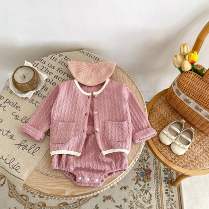 Completo Neonata/ Bimba Maglia Lavorata 2 Pezzi – Rosa o Panna