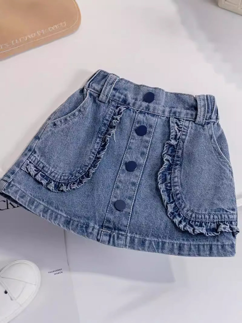 Gonna Jeans Bambina con Volant e Bottoni Frontali