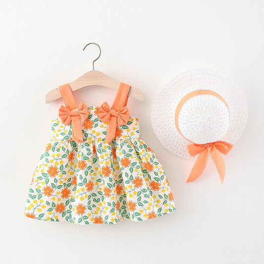 Vestitino Estivo Bimba con Cappello – Fantasia Floreale Arancio e Verde