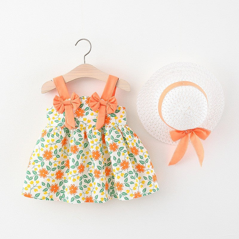 Vestitino Estivo Bimba con Cappello – Fantasia Floreale Arancio e Verde