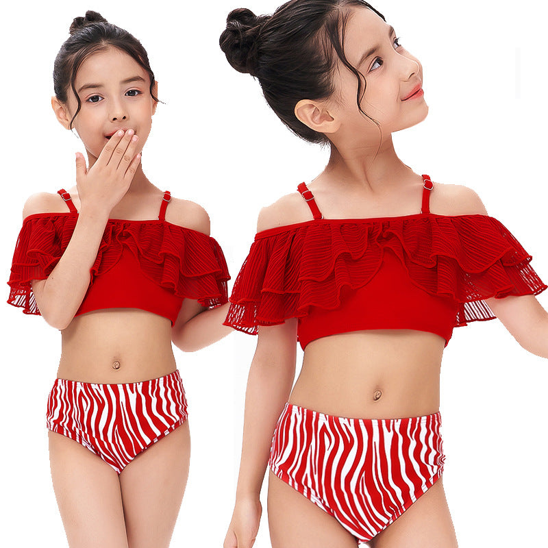 Bikini bambina 2 pezzi - top rosso con volant e slip vita alta fantasia zebrata