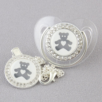 Set Ciuccio 6-12 mesi con Catenella e Copri-Polvere – Decorato con Cristalli e Orsetto