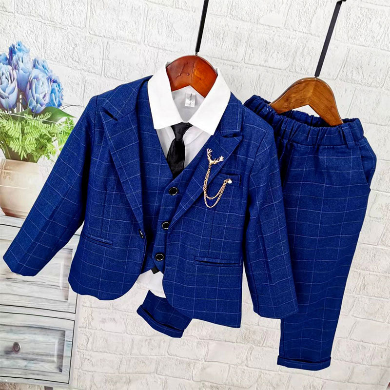 Completo Cerimonia Bambino 4 Pezzi con Cravatta – Giacca, Gilet e Pantaloni Blu Eleganti