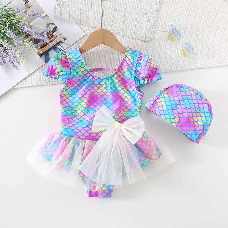 Costume Intero Bambina Sirena con Gonna in Tulle e Cuffia Coordinata