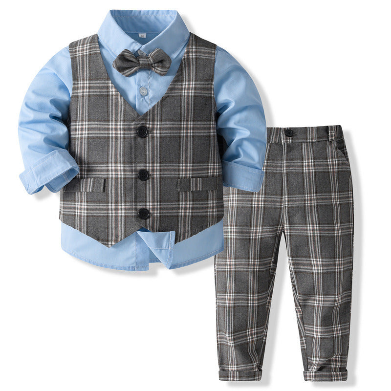 Completo 3 Pezzi Bambino  Gilet e Pantalone a Quadri con Camicia Celeste e Papillon