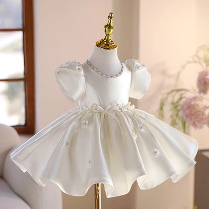 Abito Elegante Bambina Avorio con Maniche a Palloncino e Dettagli Floreali