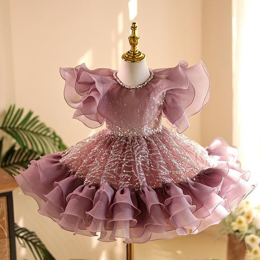 Abito elegante bambina lilla con volant e paillettes