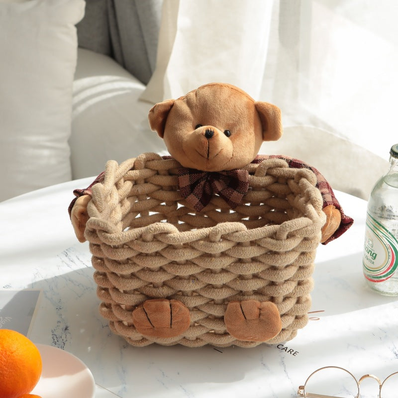 Cestino Portaoggetti con Orsetto in Stoffa – Contenitore Intrecciato per Cameretta e Regali