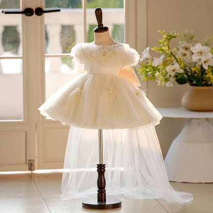 Abito Cerimonia Bambina Avorio con Strascico e Fiori in Tulle