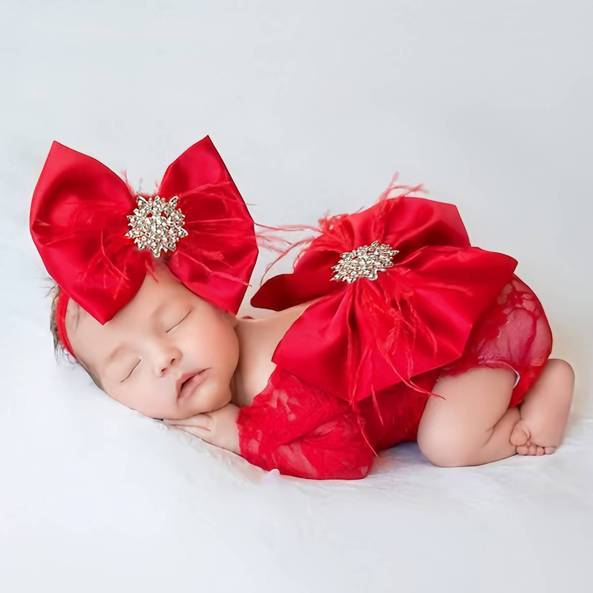 Set Fotografico Neonata   Body in Pizzo e Maxi Fiocchi con Strass