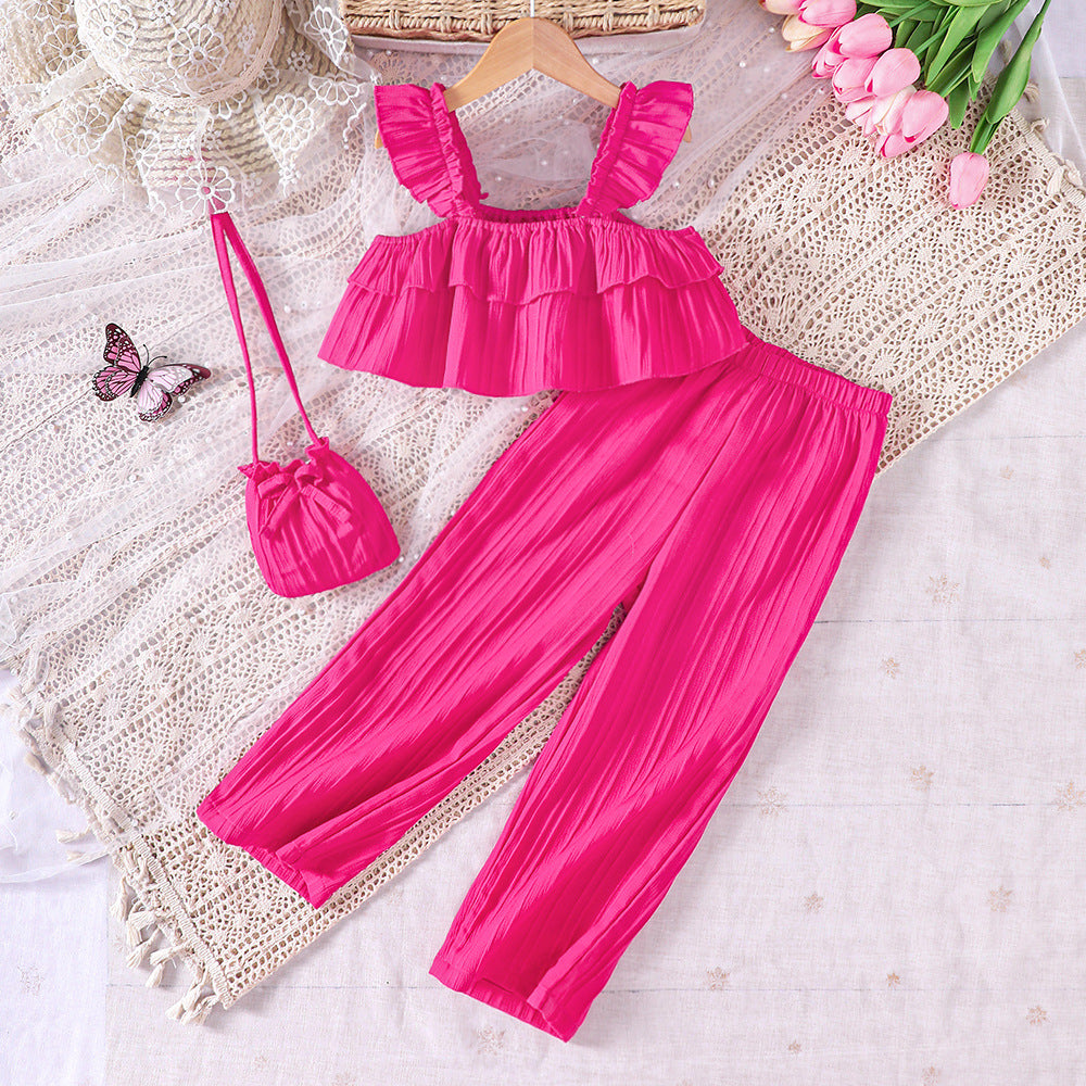 Completo  a Costine per Bambina – 2 Pezzi con Top Volant e Pantaloni Leggeri