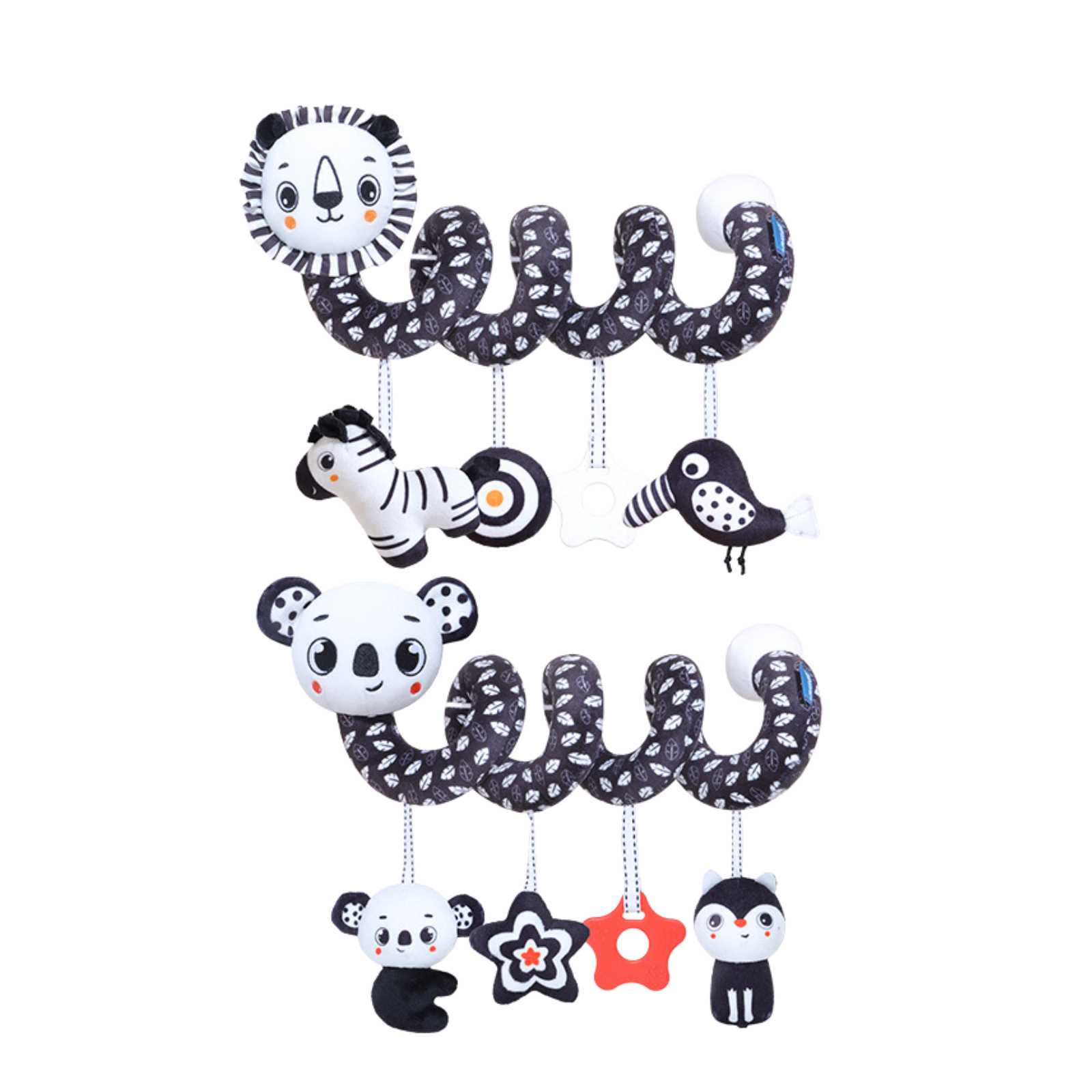 Spirale per Passeggino e Culla – Giochi Sensoriali in Stoffa Bianco e Nero con Sonagli e Peluche