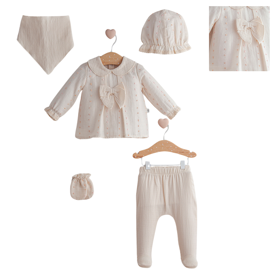 Set Neonata/Bimba 5pz con fiocco in cotone 0-1mese