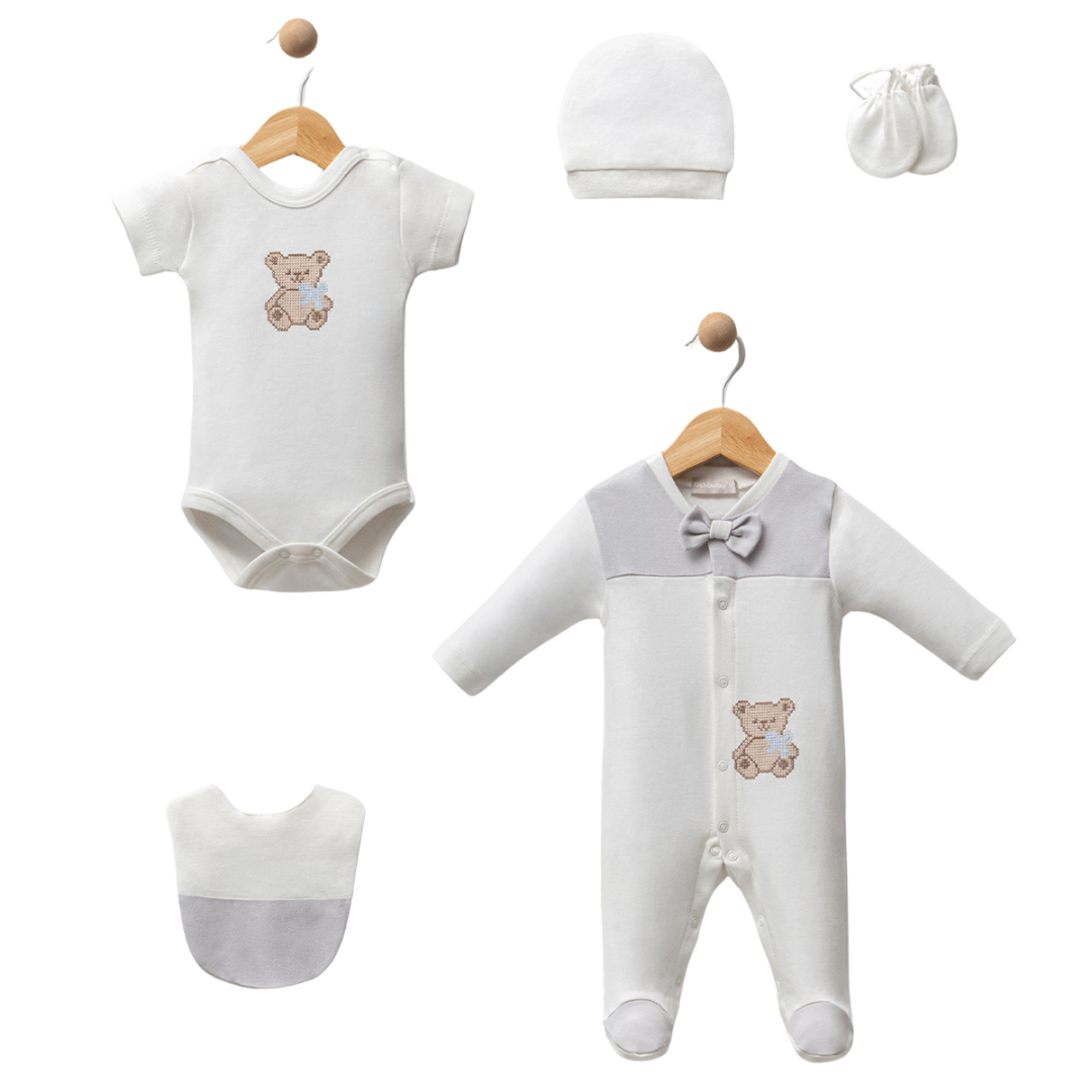 Set Neonato/ Bimbo 5 pezzi con Orsetto  100% Cotone