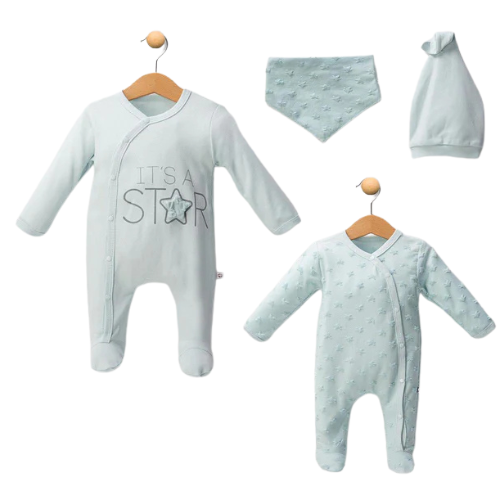 Set Neonato 4 Pezzi in Cotone "It's a Star" Azzurro