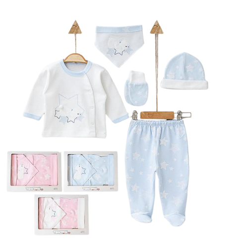 Set Nascita Neutro Bimbo/ Bimba 5 Pezzi in Cotone con Stelle (Azzurro o Rosa)