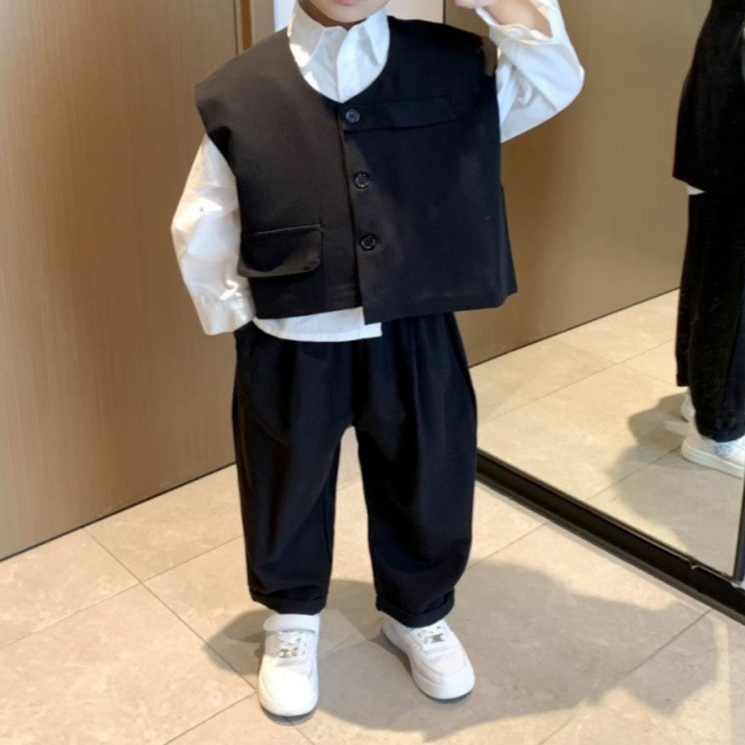 Set 3pz bimbo elegante camicia, gilet e pantalone