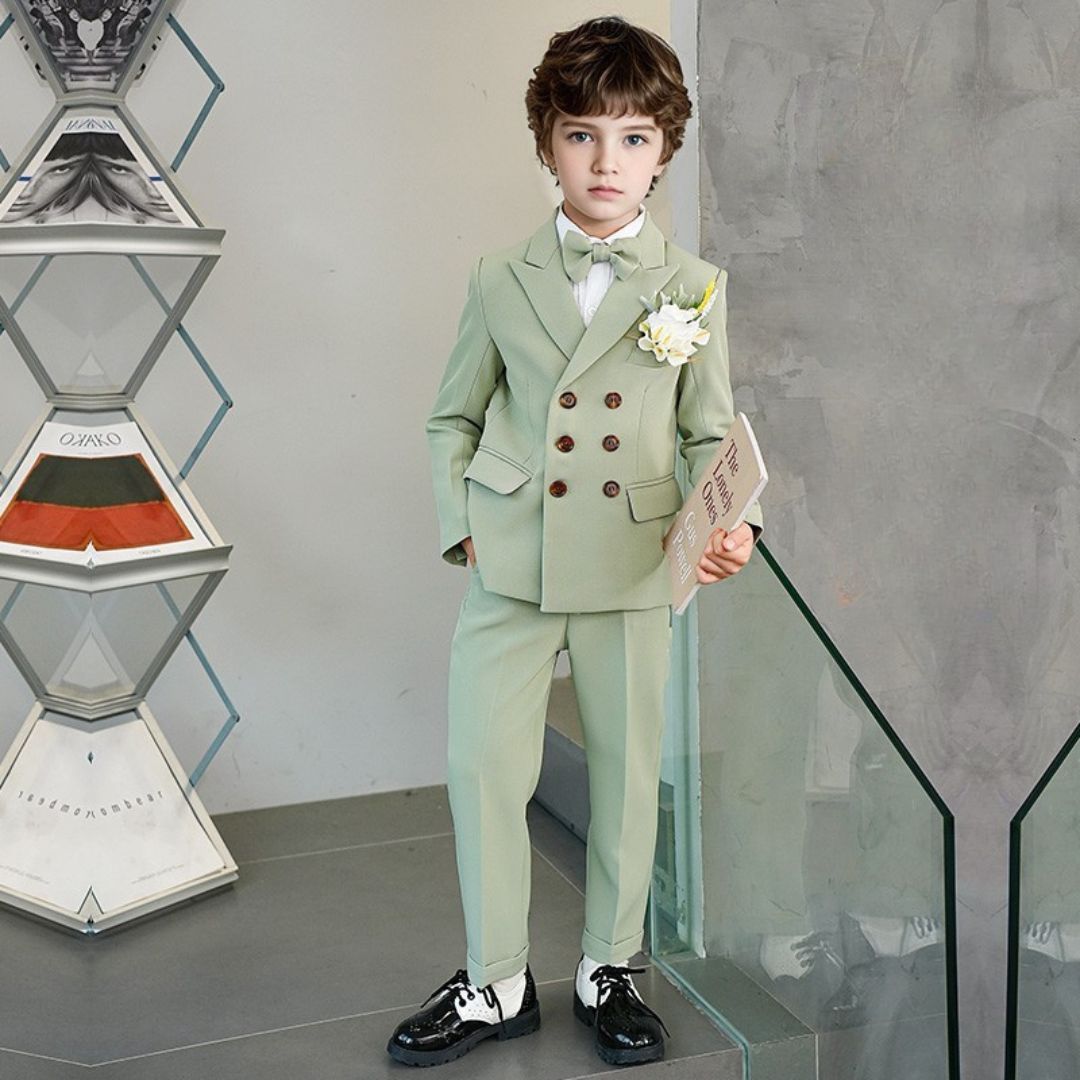 Completo Cerimonia Bambino 5 Pezzi   Verde Menta con Giacca Doppiopetto