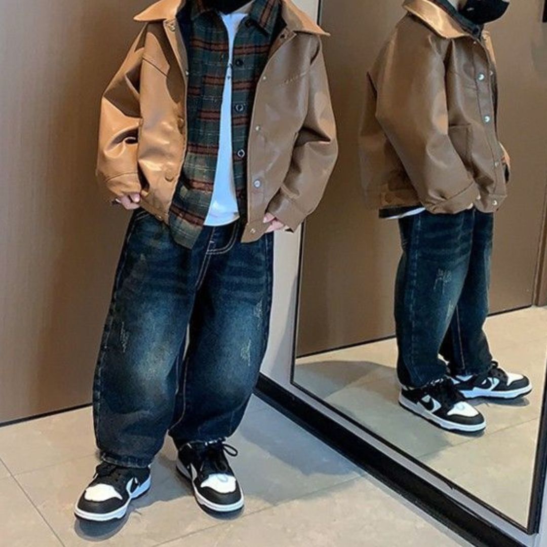 Set 3 pezzi bimbo   Giacca ecopelle, Camicia a quadri e jeans