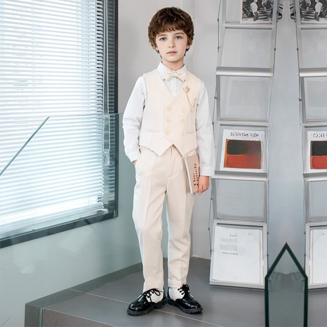 Completo Elegante Bambino 3 Pezzi  beige con Papillon