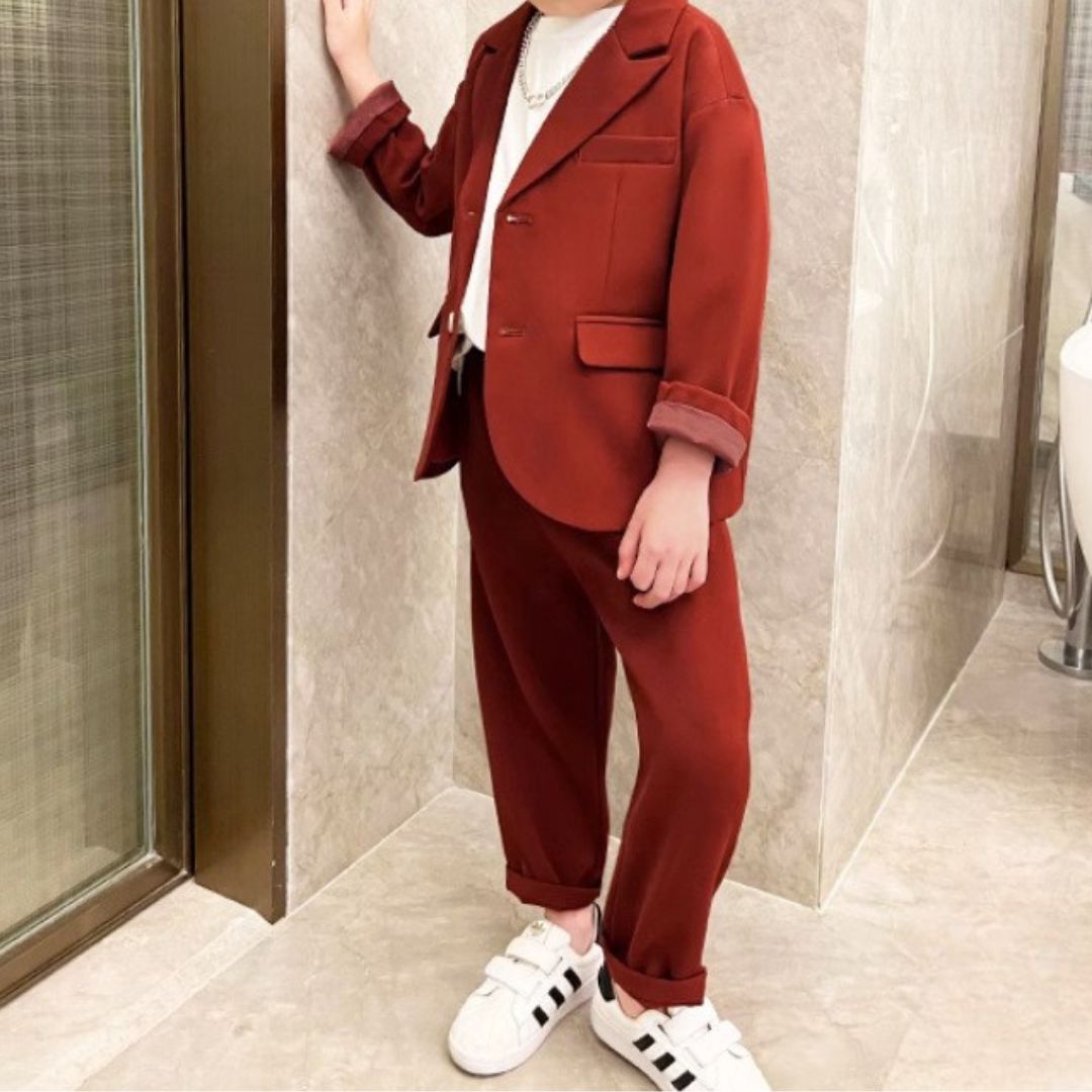 Completo  Bambino Rosso Brick  3 Pezzi  Giacca + Pantalone+T-shirt