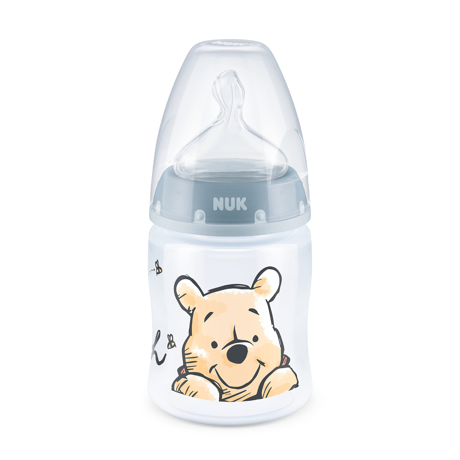 NUK First Choice+ - Biberon Disney Winnieh the Pooh, 0-6 mesi, indicatore di controllo della temperatura, 150 ml, valvola anti-colica, senza BPA, in silicone